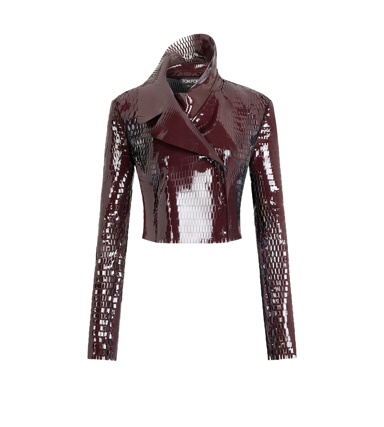 TOM FORD LEATHER MAROON & BLACK PERFORATED PATENT CALF LEATHER DOUBLE BREASTED JACKET