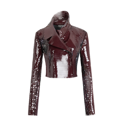 TOM FORD LEATHER MAROON & BLACK PERFORATED PATENT CALF LEATHER DOUBLE BREASTED JACKET