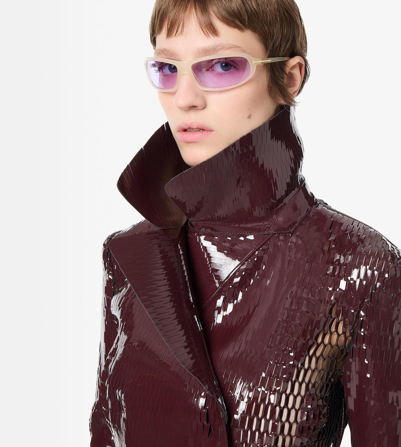 TOM FORD LEATHER MAROON & BLACK PERFORATED PATENT CALF LEATHER DOUBLE BREASTED JACKET