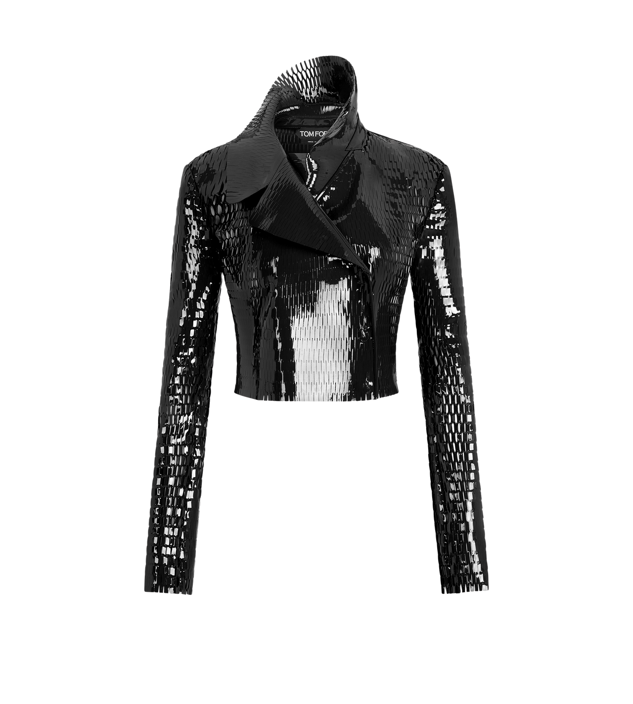 TOM FORD LEATHER BLACK & BLACK PERFORATED PATENT CALF LEATHER DOUBLE BREASTED JACKET