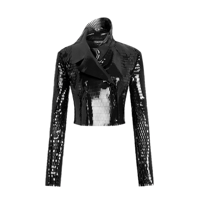 TOM FORD LEATHER BLACK & BLACK PERFORATED PATENT CALF LEATHER DOUBLE BREASTED JACKET