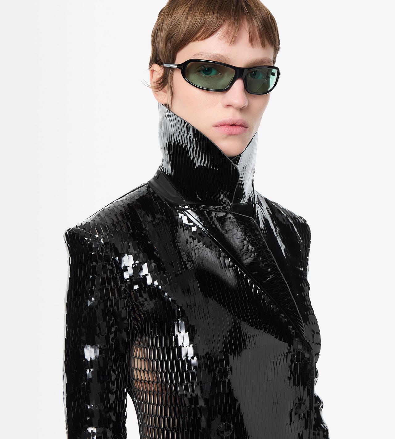 TOM FORD LEATHER BLACK & BLACK PERFORATED PATENT CALF LEATHER DOUBLE BREASTED JACKET