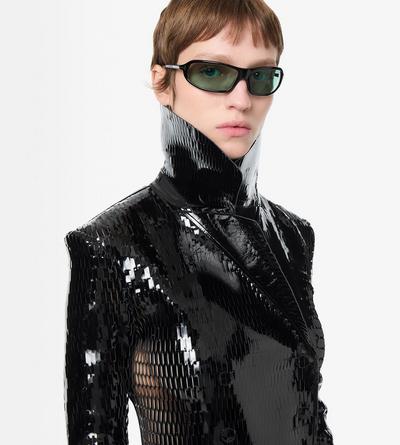 TOM FORD LEATHER BLACK & BLACK PERFORATED PATENT CALF LEATHER DOUBLE BREASTED JACKET