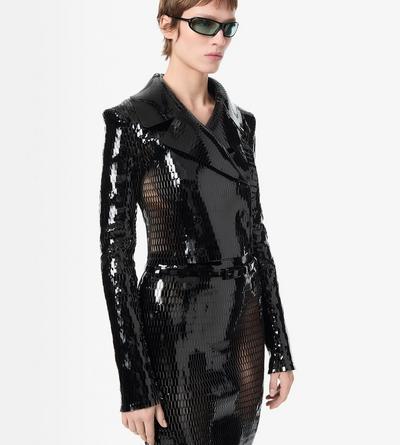 TOM FORD LEATHER BLACK & BLACK PERFORATED PATENT CALF LEATHER DOUBLE BREASTED JACKET