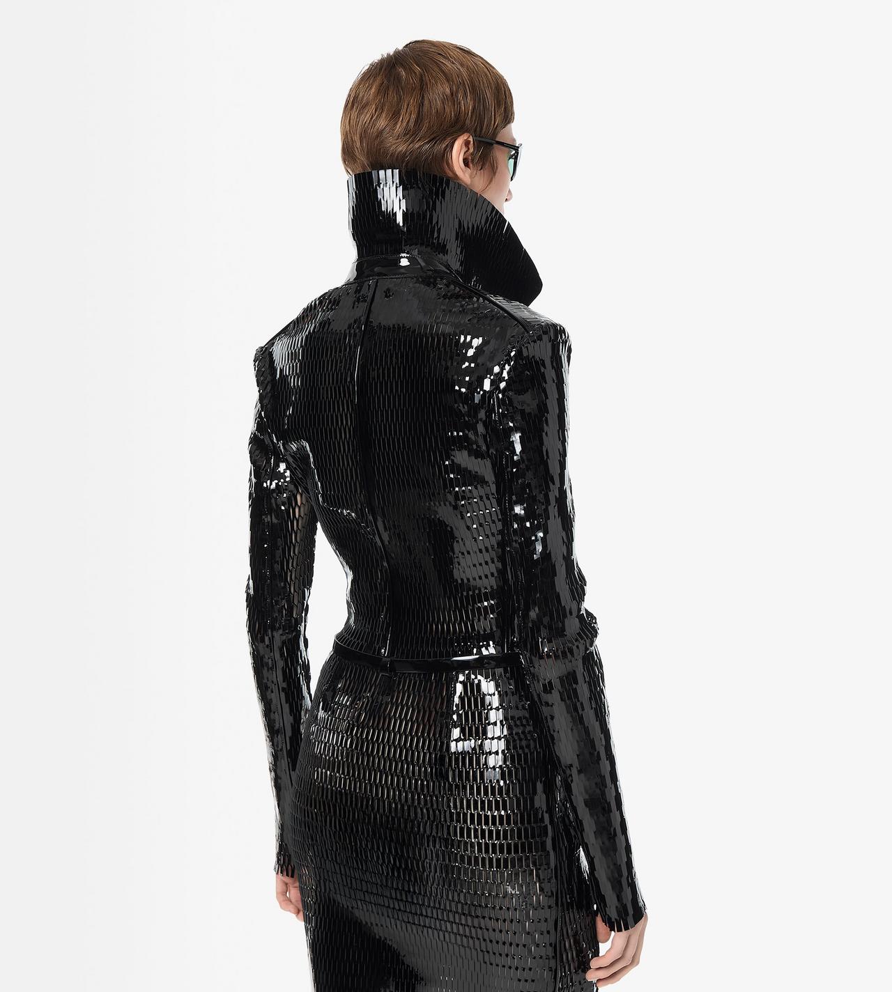 TOM FORD LEATHER BLACK & BLACK PERFORATED PATENT CALF LEATHER DOUBLE BREASTED JACKET