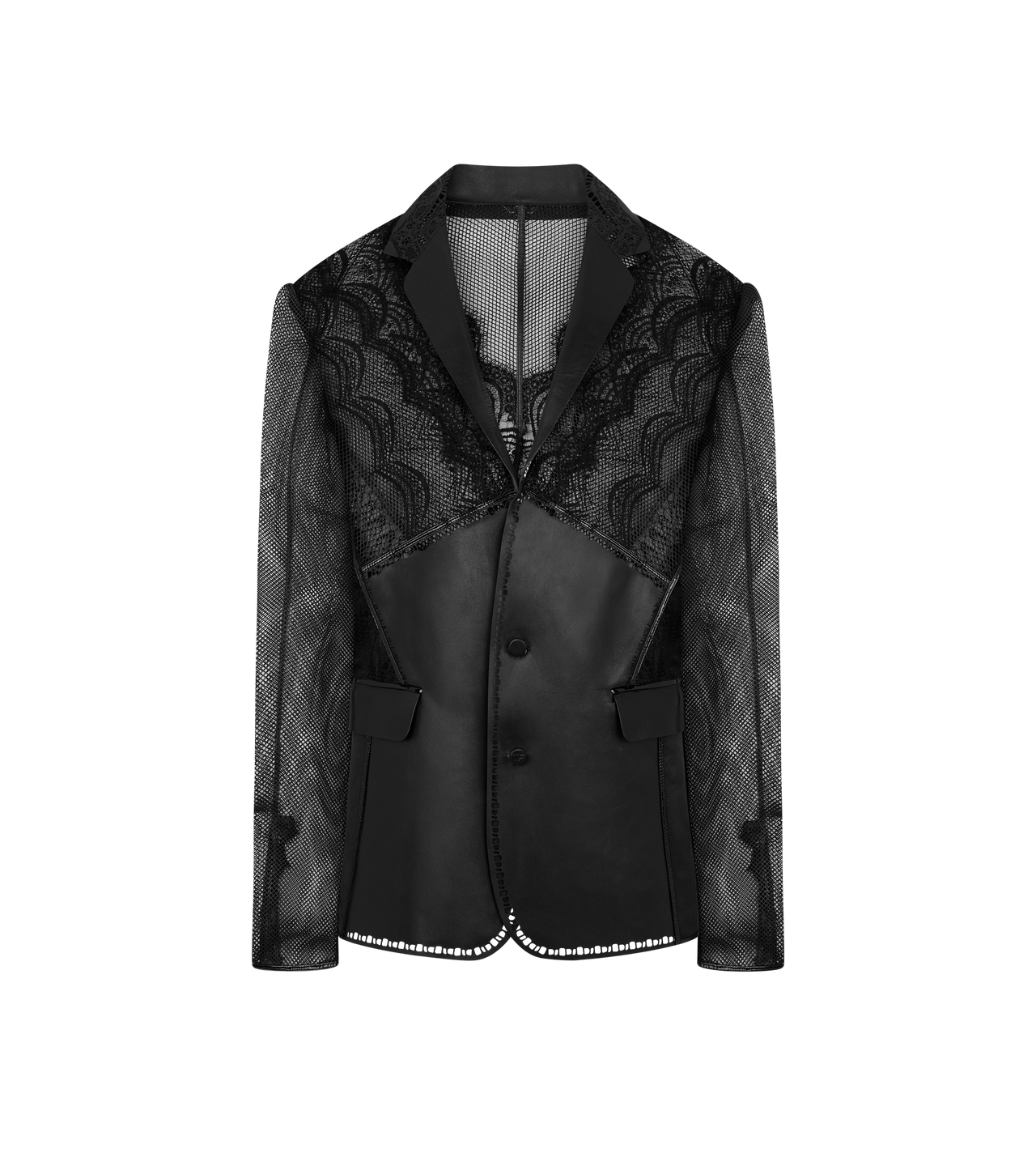 TOM FORD LEATHER BLACK LEATHER AND LACE SINGLE BREASTED NOTCH LAPEL JACKET