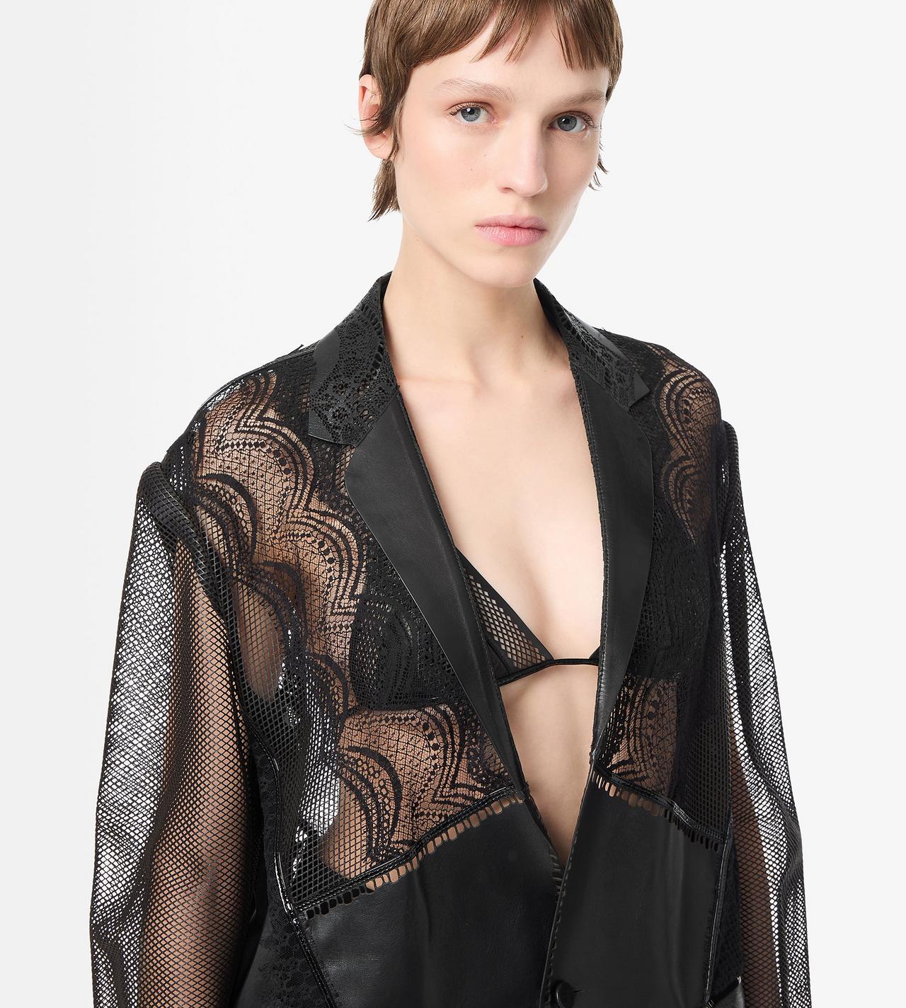 TOM FORD LEATHER BLACK LEATHER AND LACE SINGLE BREASTED NOTCH LAPEL JACKET