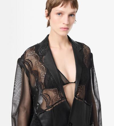 TOM FORD LEATHER BLACK LEATHER AND LACE SINGLE BREASTED NOTCH LAPEL JACKET