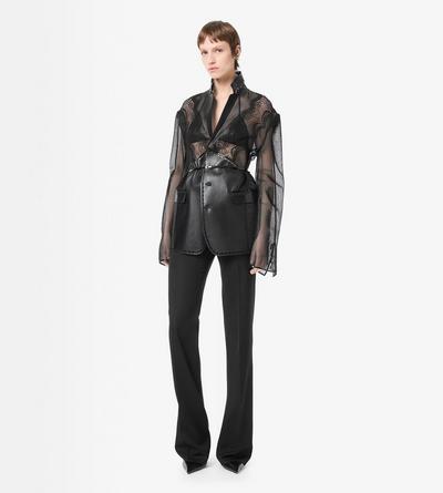 TOM FORD LEATHER BLACK LEATHER AND LACE SINGLE BREASTED NOTCH LAPEL JACKET