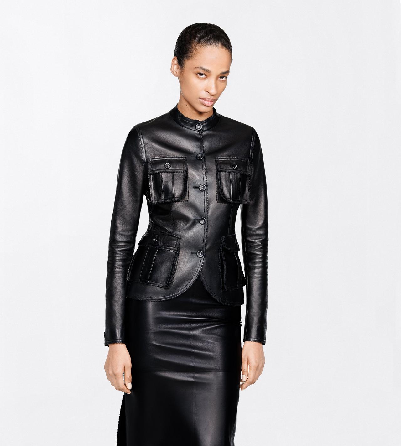 TOM FORD LEATHER BLACK SILKY GUANTERIA LAMBSKIN PETITE JACKET WITH PATCH POCKETS