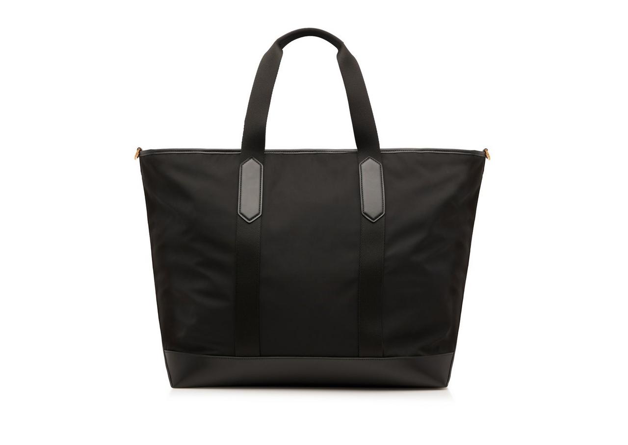 Nylon tote with outlet leather handles