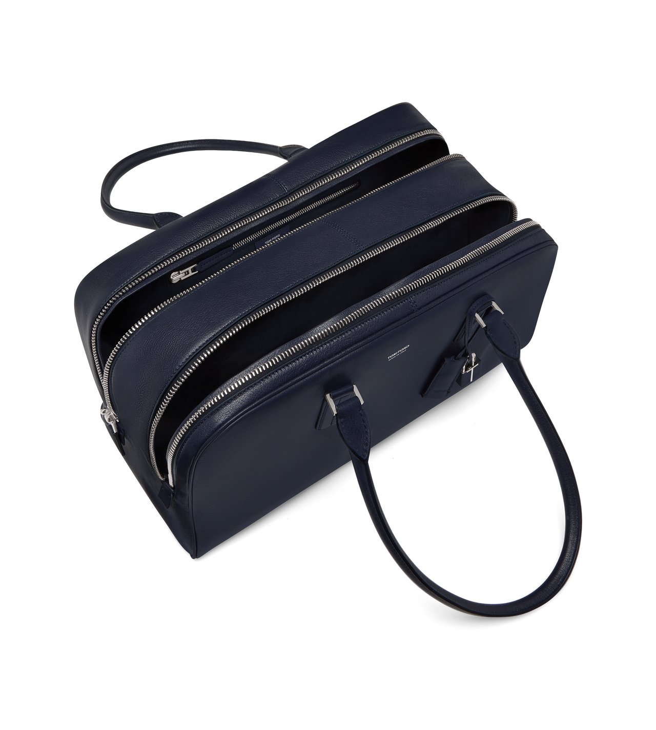 TOM FORD LEATHER NAVY SUPPLE GRAIN LEATHER DOUBLE ZIP BOWLING BAG
