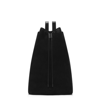 TOM FORD LEATHER BLACK PERFORATED CASHMERE SUEDE T-LINE DRAWSTRING SAC