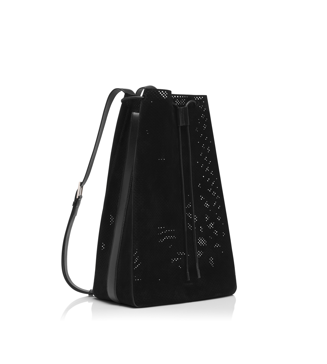 TOM FORD LEATHER BLACK PERFORATED CASHMERE SUEDE T-LINE DRAWSTRING SAC