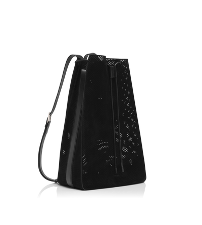 TOM FORD LEATHER BLACK PERFORATED CASHMERE SUEDE T-LINE DRAWSTRING SAC