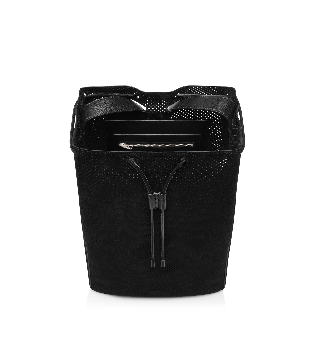 TOM FORD LEATHER BLACK PERFORATED CASHMERE SUEDE T-LINE DRAWSTRING SAC