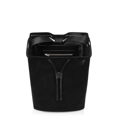 TOM FORD LEATHER BLACK PERFORATED CASHMERE SUEDE T-LINE DRAWSTRING SAC