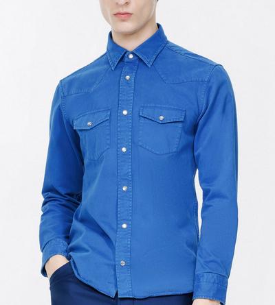 TOM FORD COTTON ROYAL BLUE PEACH TWILL WESTERN SHIRT