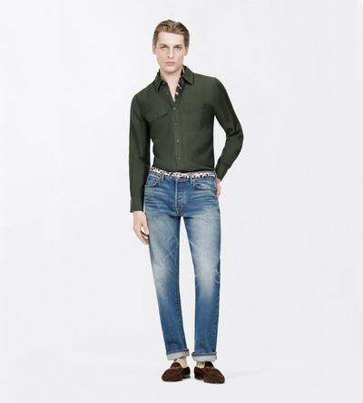 TOM FORD COTTON SILK BLEND GREEN WOOD COTTON SILK WASHED TWILL MILITARY SHIRT