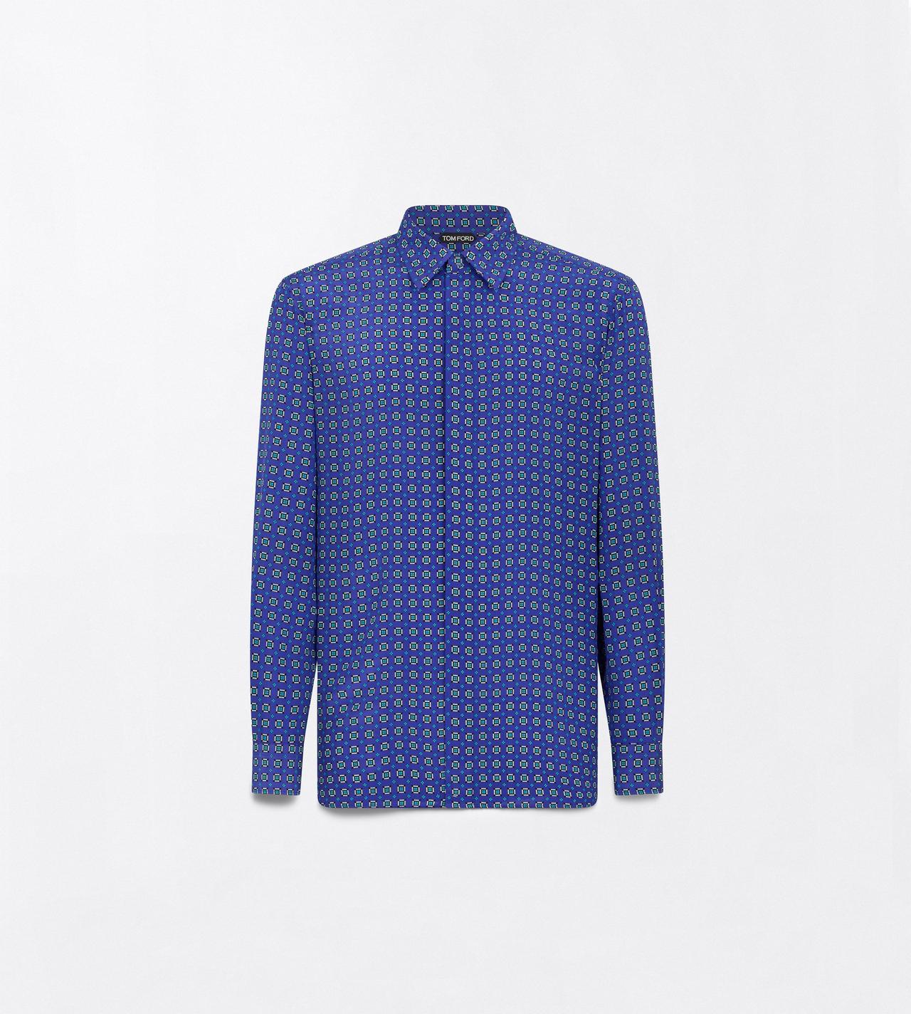 TOM FORD SILK COMBO BLUE SHADES GEOMETRIC DIAMOND PRINT CREPE DE CHINE FLUID FIT SHIRT