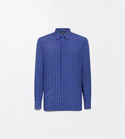 TOM FORD SILK COMBO BLUE SHADES GEOMETRIC DIAMOND PRINT CREPE DE CHINE FLUID FIT SHIRT
