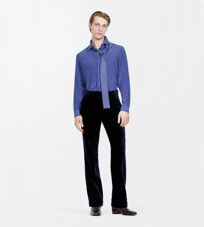 TOM FORD SILK COMBO BLUE SHADES GEOMETRIC DIAMOND PRINT CREPE DE CHINE FLUID FIT SHIRT