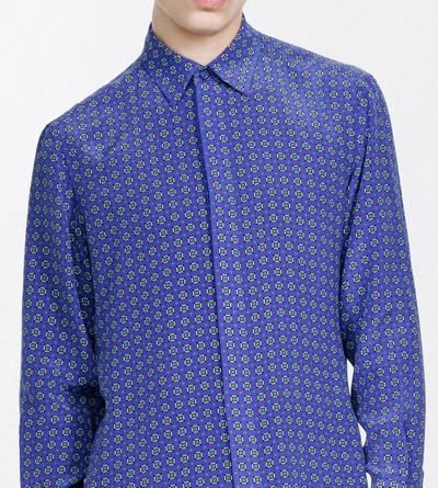 TOM FORD SILK COMBO BLUE SHADES GEOMETRIC DIAMOND PRINT CREPE DE CHINE FLUID FIT SHIRT