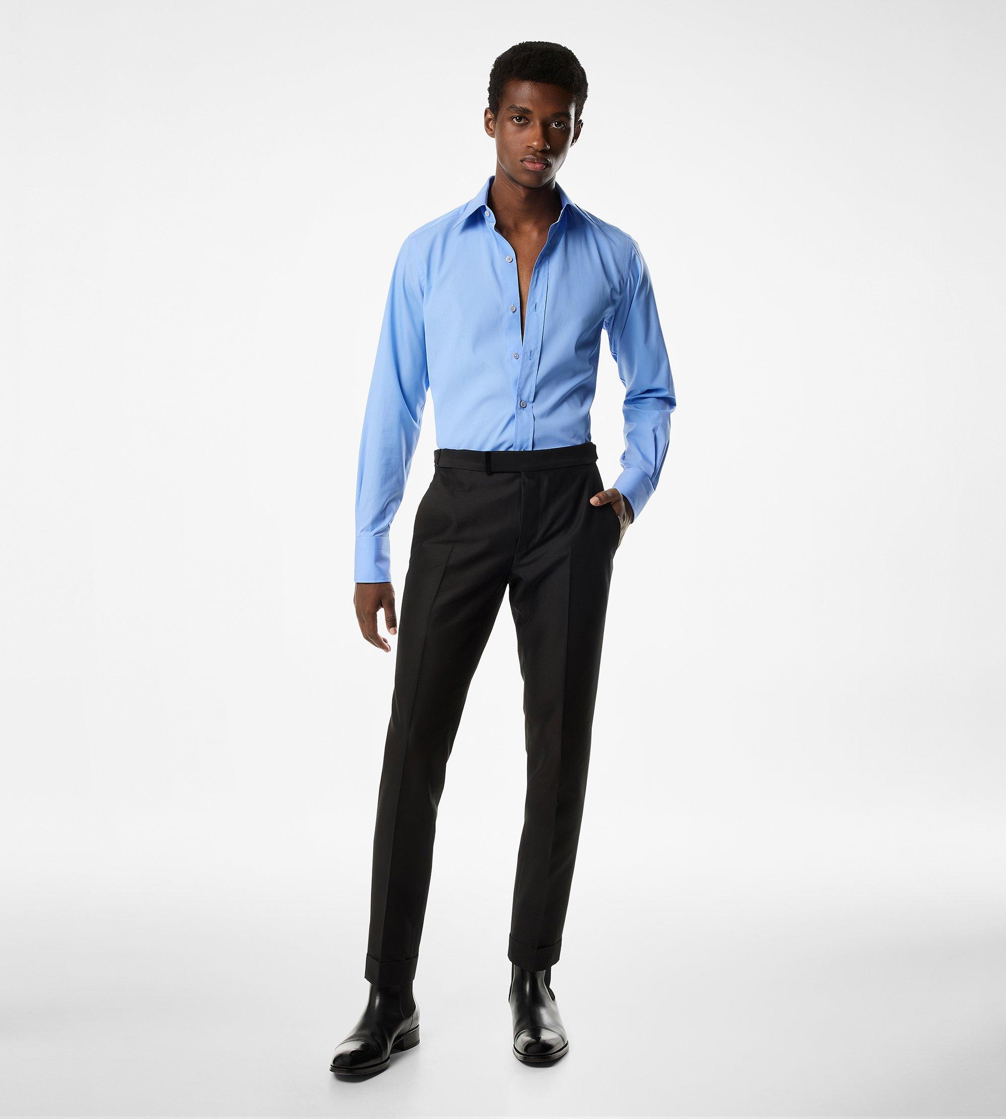 light blue shirt black trousers