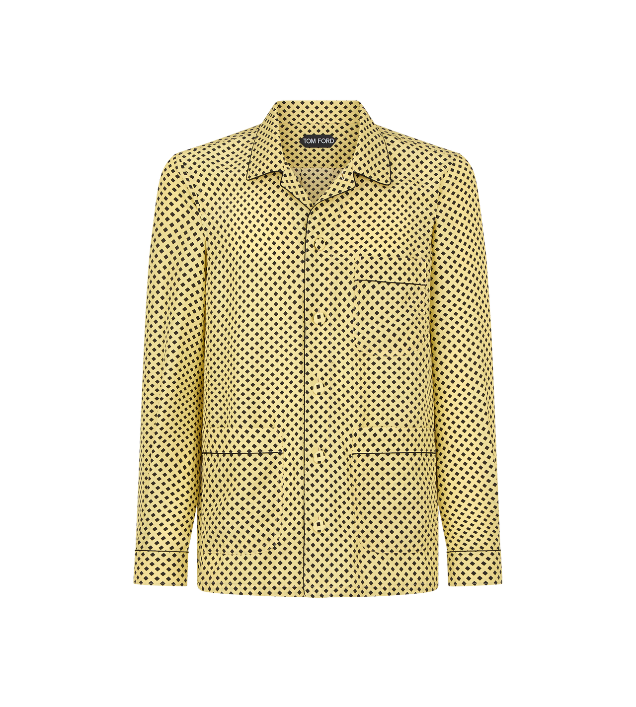 TOM FORD SILK CREAM YELLOW+BLACK DIAMOND PRINT PEACHED SILK HABOTAI PAJAMA SHIRT