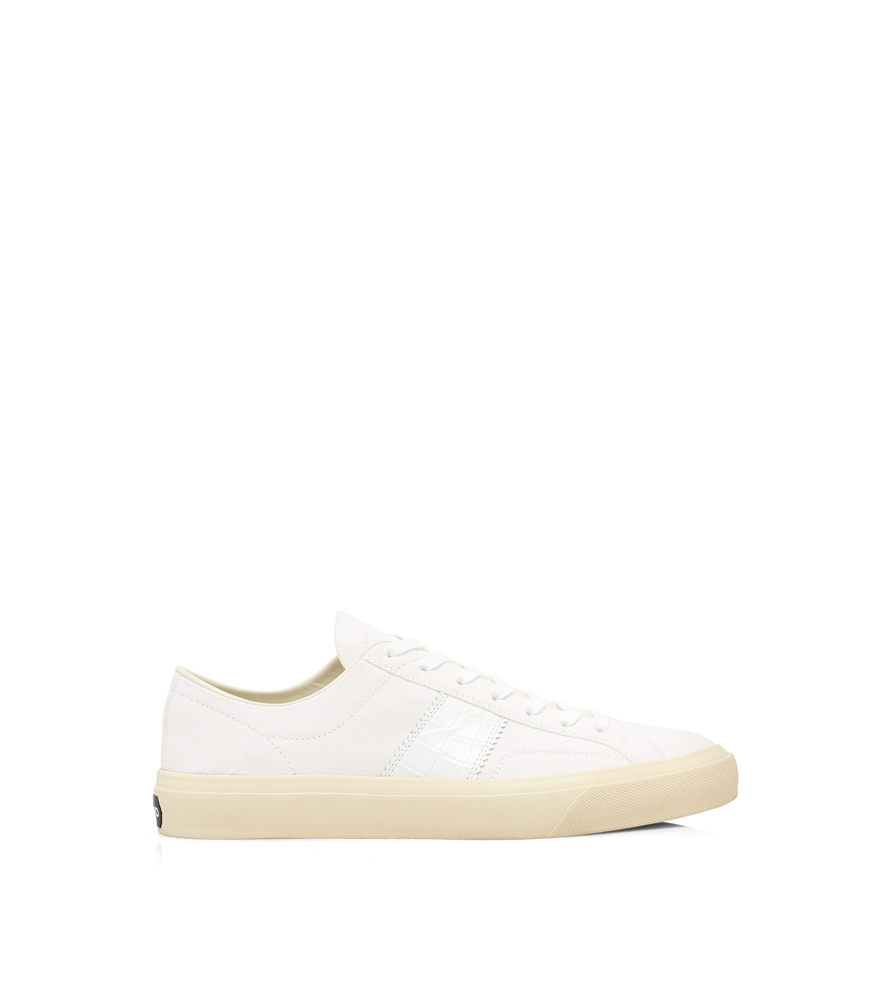 TOM FORD LEATHER OPTICAL WHITE + CREAM SUEDE AND PRINTED ALLIGATOR CAMBRIDGE SNEAKER