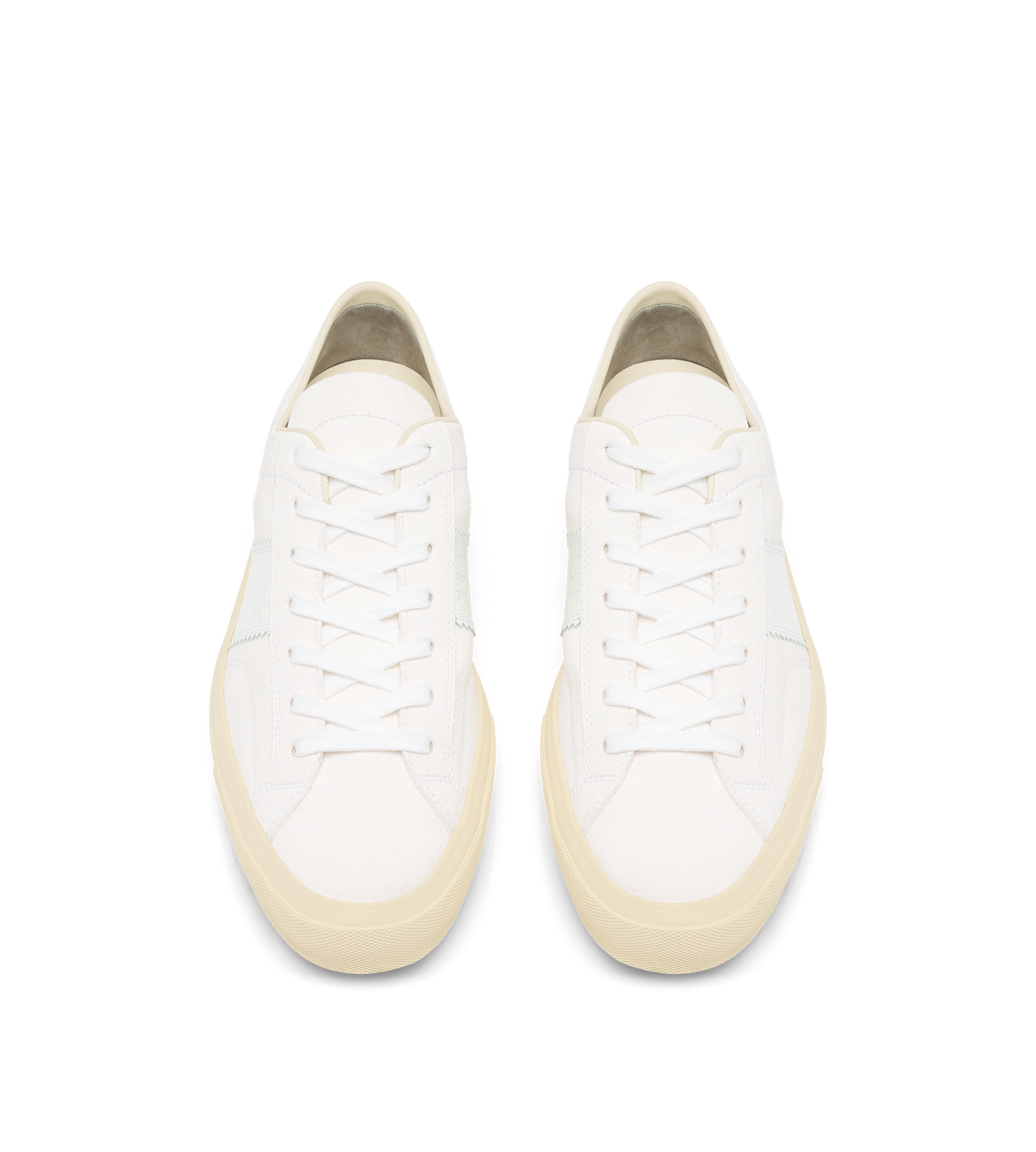 TOM FORD LEATHER OPTICAL WHITE + CREAM SUEDE AND PRINTED ALLIGATOR CAMBRIDGE SNEAKER