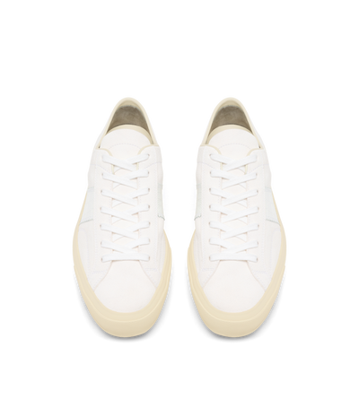 TOM FORD LEATHER OPTICAL WHITE + CREAM SUEDE AND PRINTED ALLIGATOR CAMBRIDGE SNEAKER