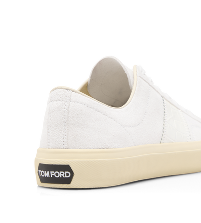 TOM FORD LEATHER OPTICAL WHITE + CREAM SUEDE AND PRINTED ALLIGATOR CAMBRIDGE SNEAKER