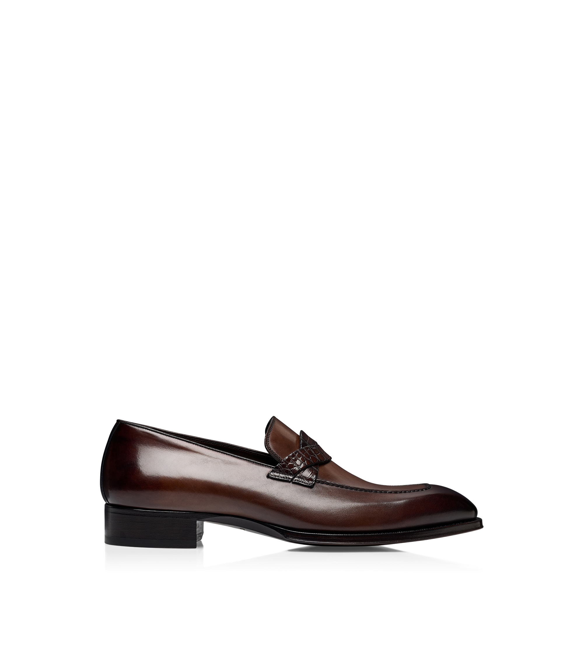 BURNISHED LEATHER AND ALLIGATOR ELKAN TWISTED BAND LOAFER