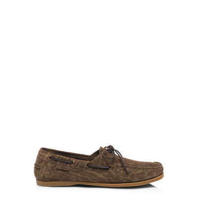 TOM FORD LEATHER BROWN/KHAKI OCELOT PRINT SUEDE ROBIN BOAT SHOE