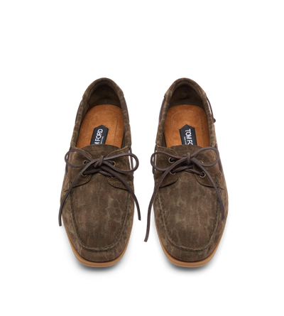 TOM FORD LEATHER BROWN/KHAKI OCELOT PRINT SUEDE ROBIN BOAT SHOE