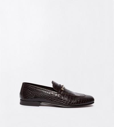 TOM FORD LEATHER ESPRESSO SOFT PRINTED ALLIGATOR DOUBLE T HARDWARE GIGI LOAFER