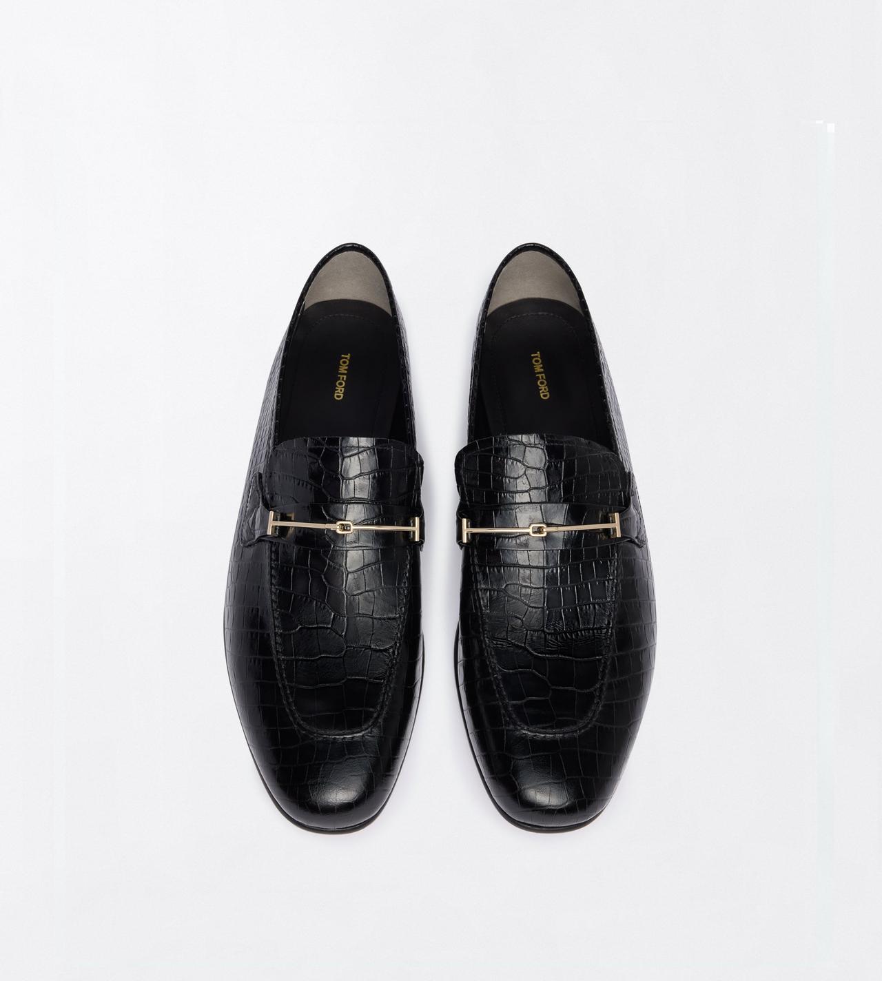 TOM FORD LEATHER BLACK SOFT PRINTED ALLIGATOR DOUBLE T HARDWARE GIGI LOAFER