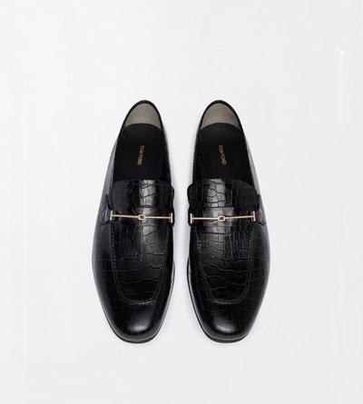 TOM FORD LEATHER BLACK SOFT PRINTED ALLIGATOR DOUBLE T HARDWARE GIGI LOAFER