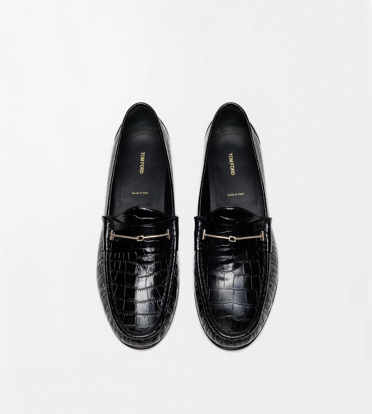 TOM FORD LEATHER BLACK PRINTED CROC DOUBLE T HARDWARE OSCAR LOAFER