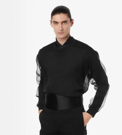 TOM FORD SILK BLACK MAGLIA GIROCOLLO IN JERSEY E CHIFFON