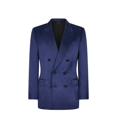 TOM FORD SILK VISCOSE BLEND DARK INDIGO SILK VISCOSE SATIN POLKA DOT JACQUARD JACKET