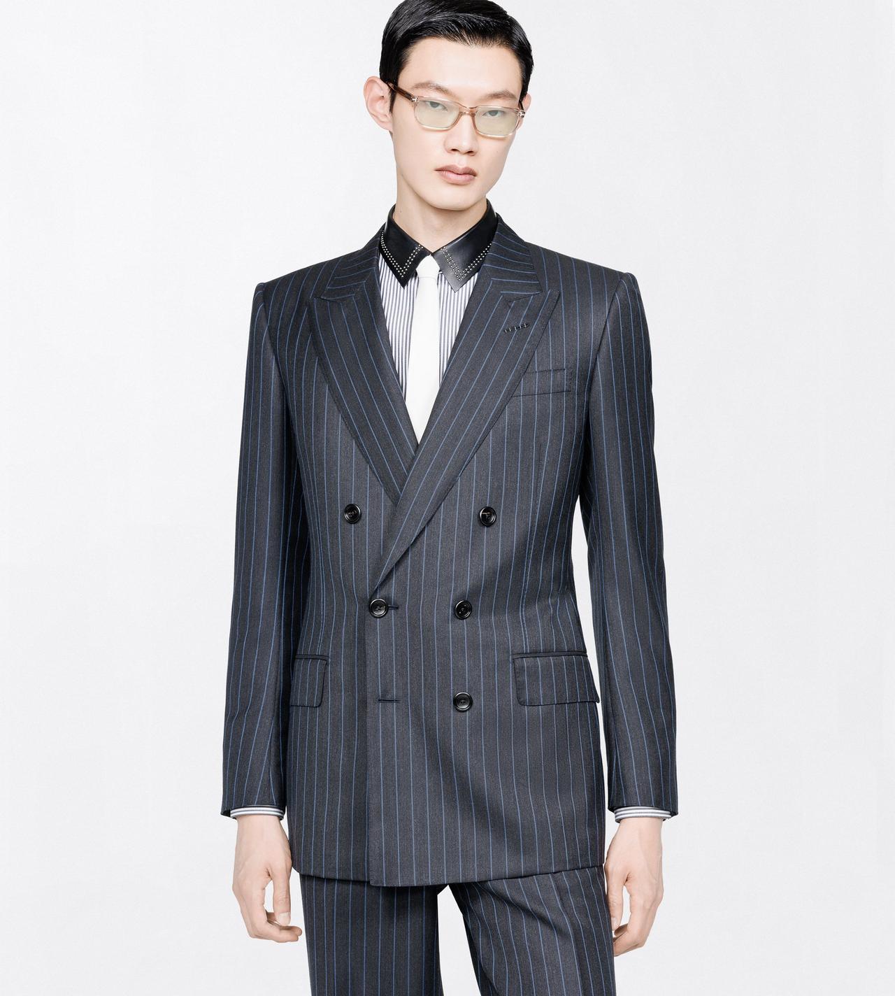 TOM FORD WOOL GREY+BLUE PINPOINT STRIPE COLBERT JACKET