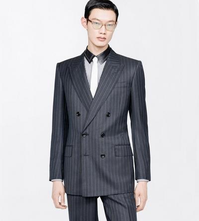 TOM FORD WOOL GREY+BLUE PINPOINT STRIPE COLBERT JACKET