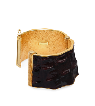 BRASS AND GLOSSY STAMPED CROCODILE LEATHER SOLAR CUFF image number 1