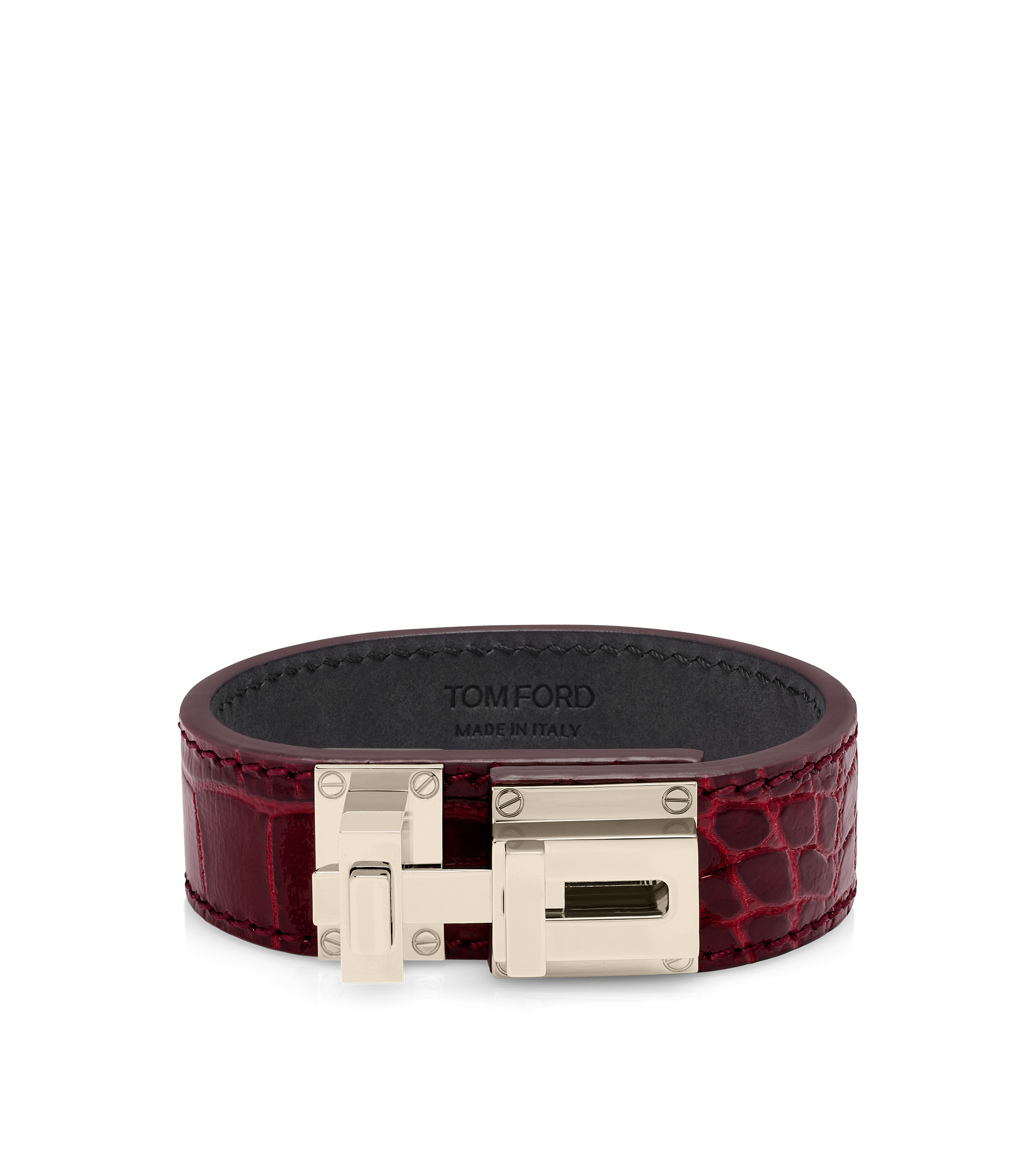 SHINY STAMPED CROCODILE LEATHER T LATCH BRACELET