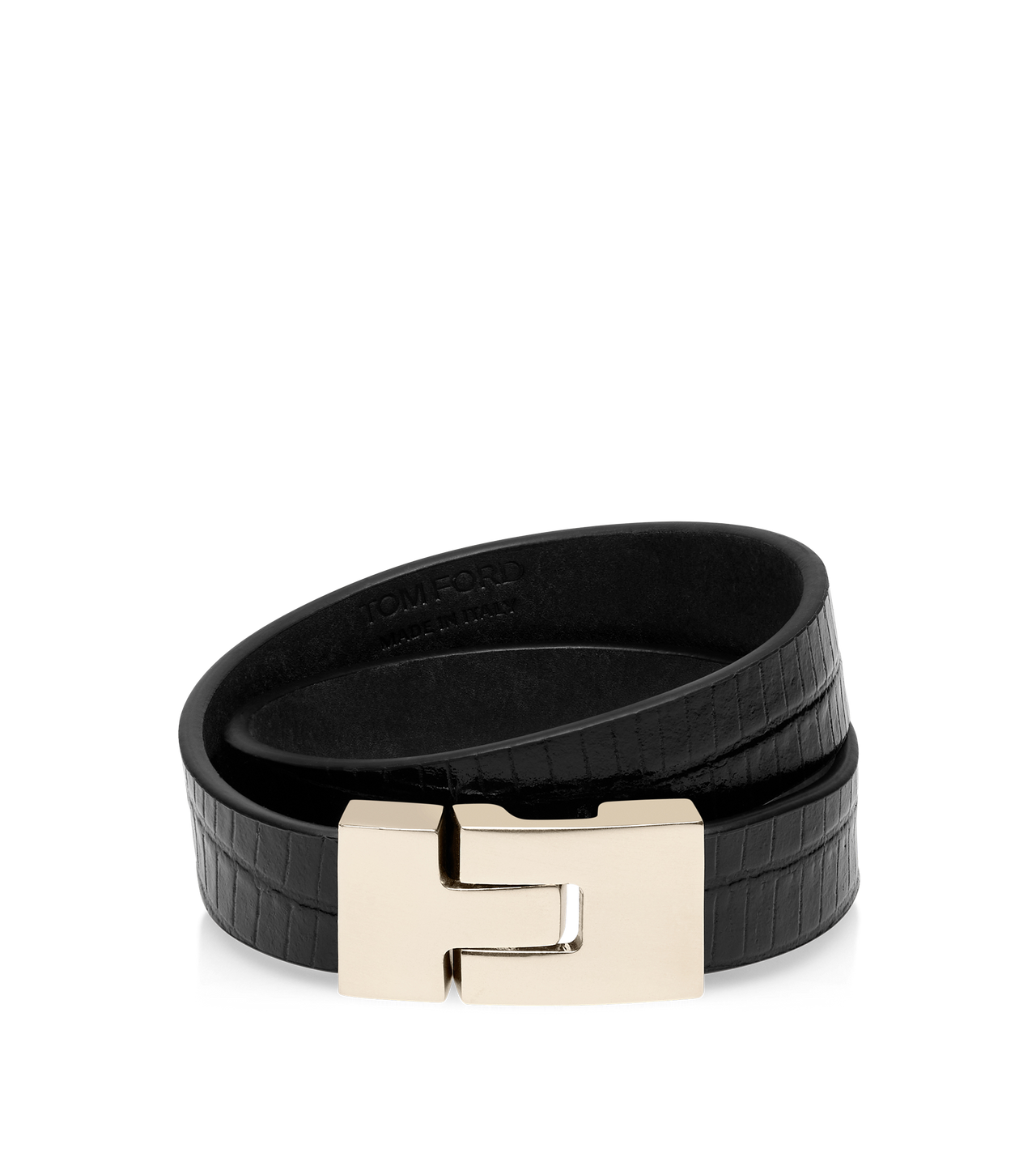 TOM FORD LEATHER BLACK TEJUS-EFFECT PRINTED LEATHER INTERLOCK T BRACELET