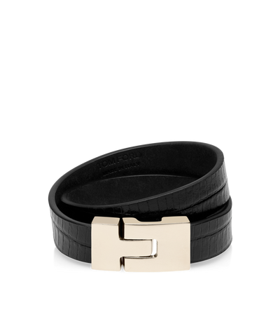 TOM FORD LEATHER BLACK TEJUS-EFFECT PRINTED LEATHER INTERLOCK T BRACELET