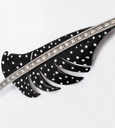 TOM FORD BRASS SILVER + BLACK/WHITE + CRYSTAL ENAMELED BRASS AND CRYSTAL-EMBELLISHED BROOCH