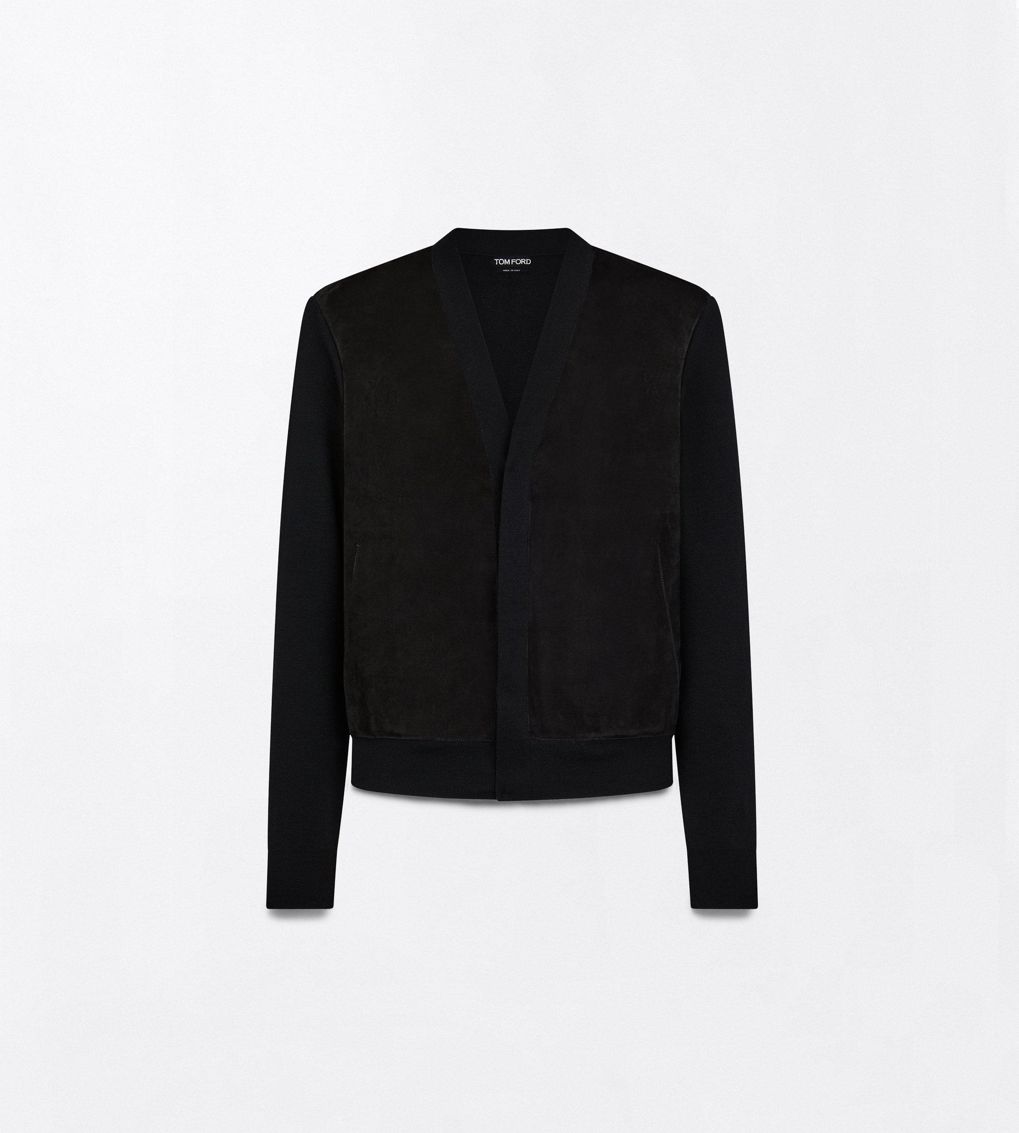 SUEDE FRONT MERINO CARDIGAN